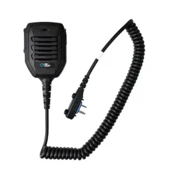 Microphone haut-parleur à main compact avec connectique double jack coudée à vis 2,5-3,5 mm, étanchéité IPX7, bouton d'alarme et sortie jack 3,5 mm pour oreillette (livré sans oreillette)