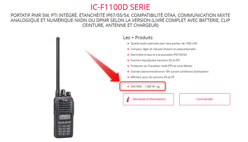 aperçu valeur DAS max IC-F1100D site internet ICOM France